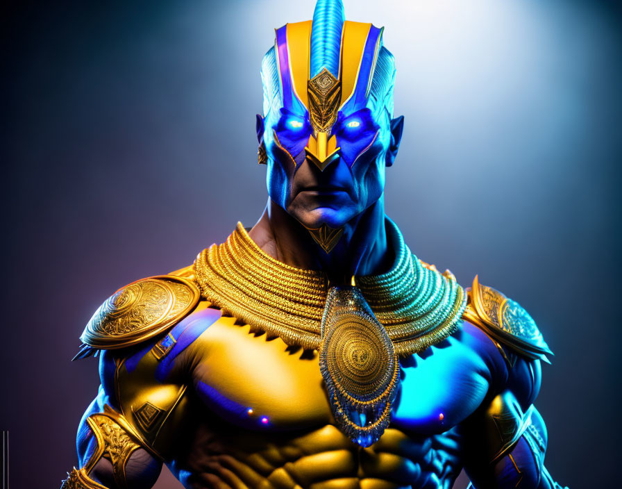 Detailed Golden and Blue Armored Character with Glowing Eyes on Gradient Background