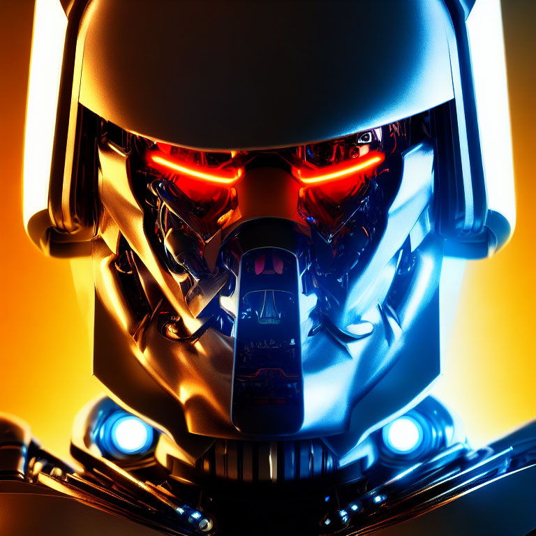 Menacing robot with glowing red eyes and silver-metallic features on yellow-orange backdrop