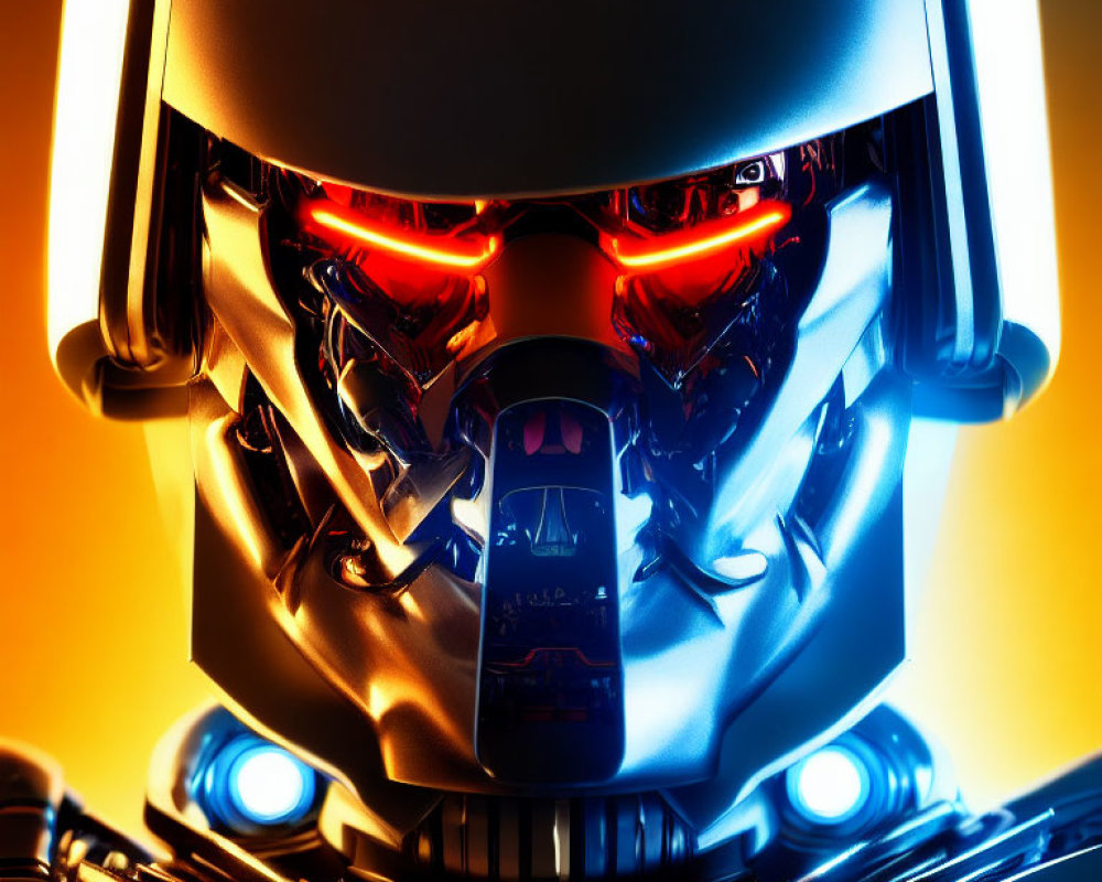 Menacing robot with glowing red eyes and silver-metallic features on yellow-orange backdrop
