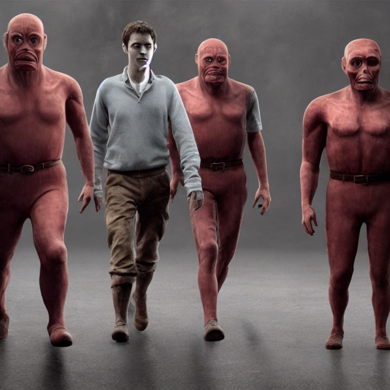 Confident man with three muscular pink humanoid creatures.