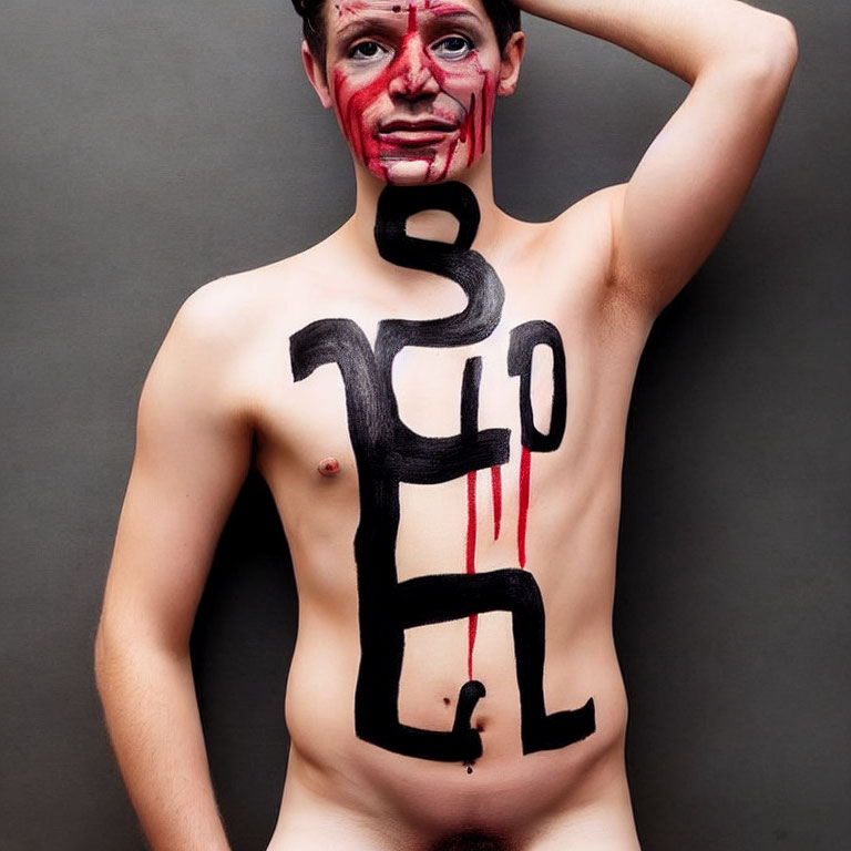 Black and Red Face and Body Paint on Person Against Gray Background