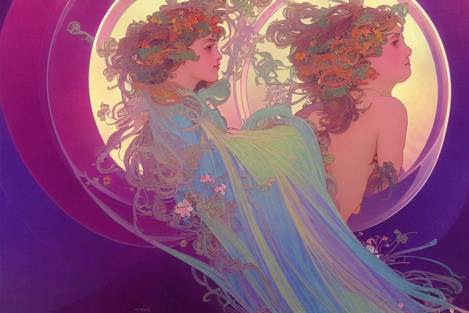 Art Nouveau Style Image of Two Ethereal Women with Flowing Hair and Floral Adornments