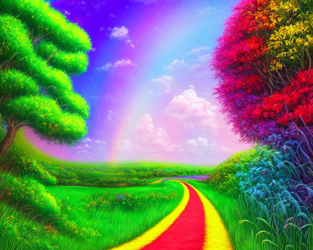 Colorful painting of whimsical path in lush landscape with rainbow