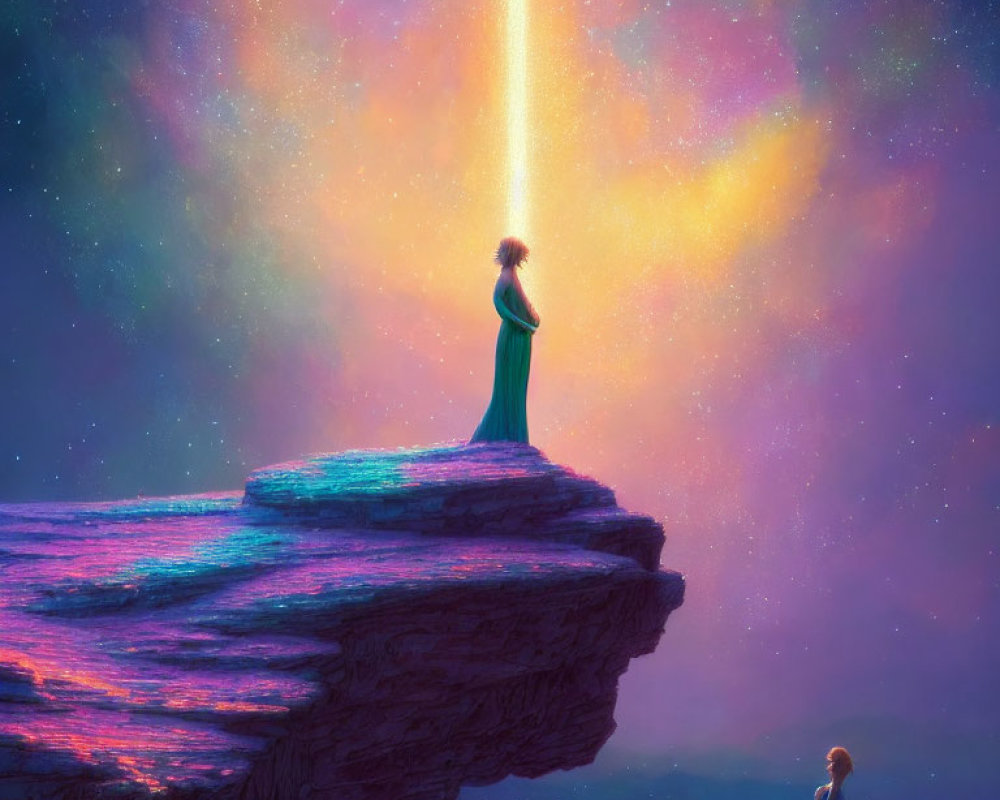Person on Cliff Watching Cosmic Light Beam Meeting Figure Under Starry Sky