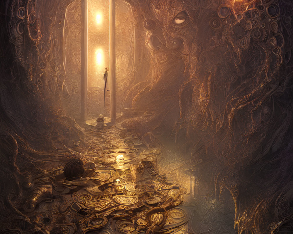 Mystical underground chamber with golden hues and floating orbs