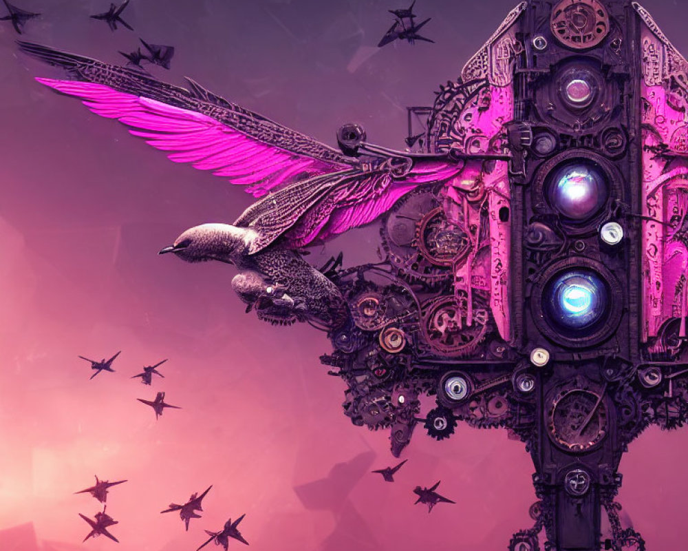 Mechanical bird with wings flying in surreal futuristic scene