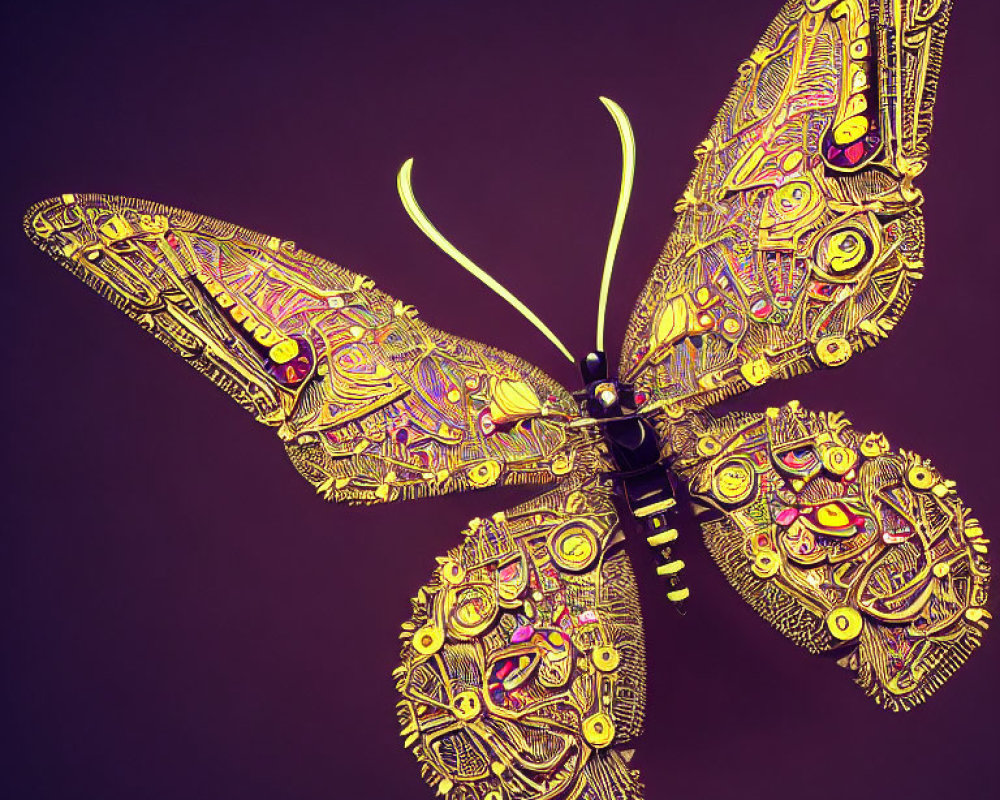 Golden Butterfly with Intricate Patterns on Purple Background
