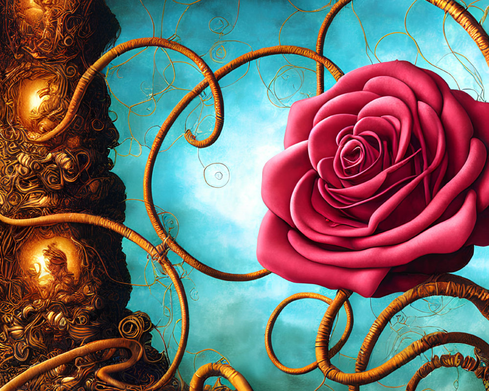 Vibrant red rose with gold wires on surreal blue backdrop and golden sculptures