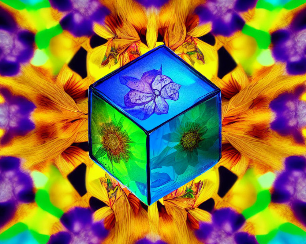 Vivid Abstract Art: Blue Cube with Floral Elements surrounded by Kaleidoscopic Colors