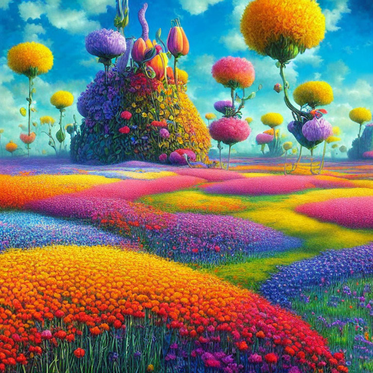 Colorful Landscape with Whimsical Trees and Flowers under Bright Sky