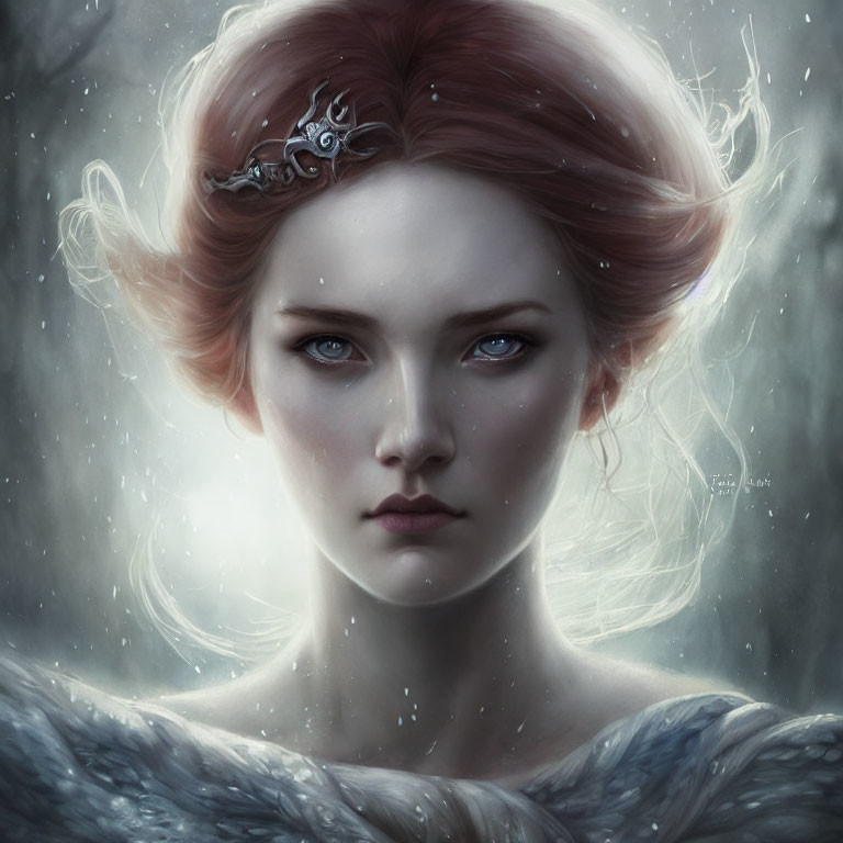 Digital portrait of a woman with red hair and blue eyes in a silver tiara, set against a