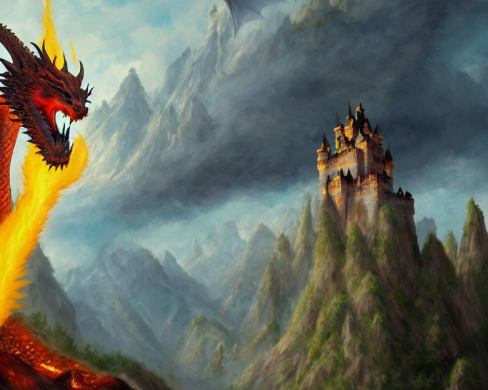 Majestic dragon breathing fire near castle on steep cliff