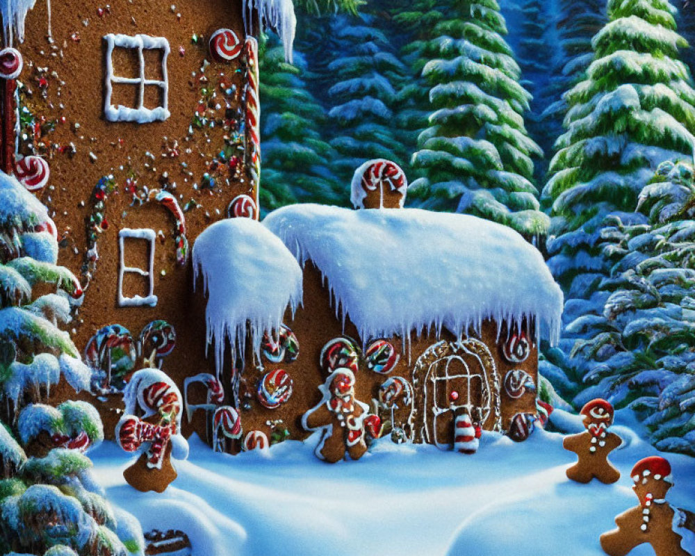 Festive gingerbread house in snowy winter landscape
