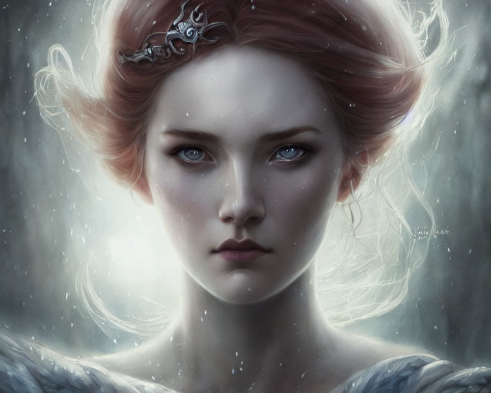 Digital portrait of a woman with red hair and blue eyes in a silver tiara, set against a