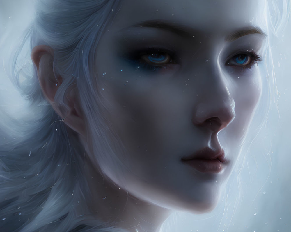 Digital illustration of pale-skinned woman with blue eyes and white hair against snowy backdrop