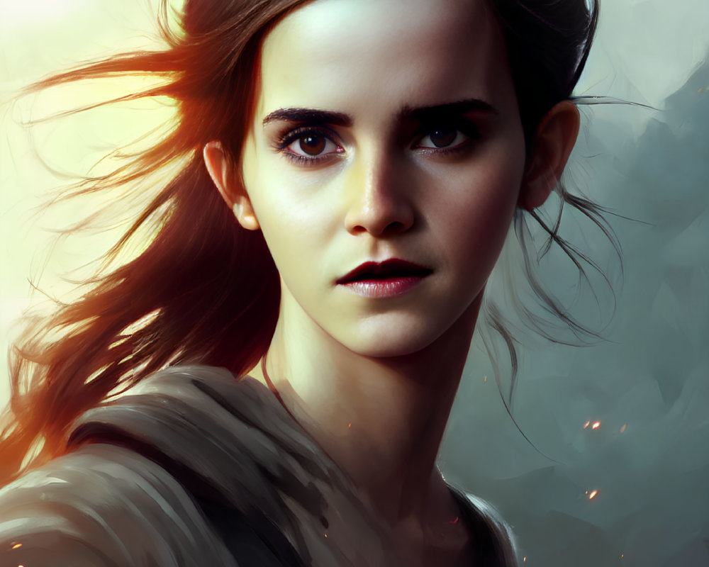 Young woman with brown hair and eyes in dynamic digital artwork
