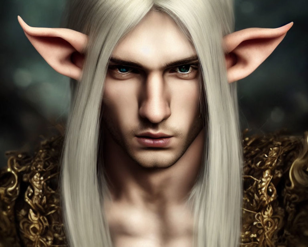 Digital portrait of fantasy character with pointed ears, long blond hair, stern expression, and golden shoulder armor