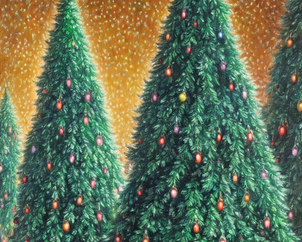 Colorful Ornaments on Decorated Christmas Trees Under Starry Night Sky