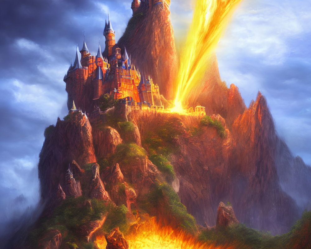 Majestic castle on craggy peak with fiery beam in dramatic dusk cloudscape