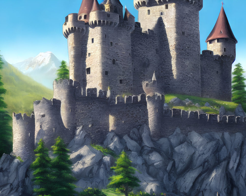 Stone castle with towers on rugged cliff surrounded by greenery & mountains