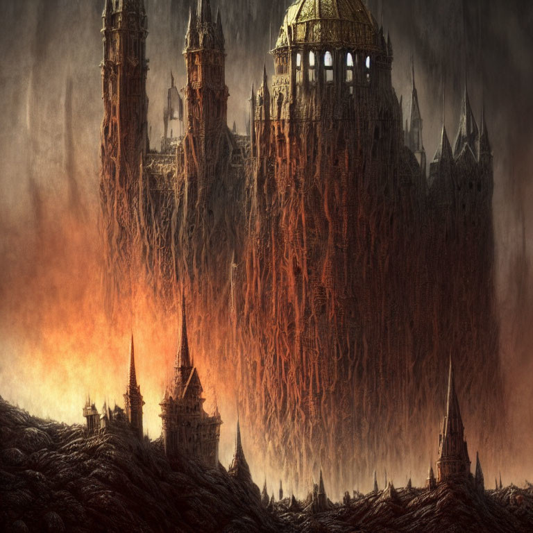 Gothic castle on craggy cliff with fiery glow and haze