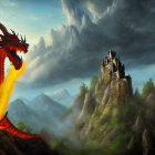 Majestic dragon breathing fire near castle on steep cliff