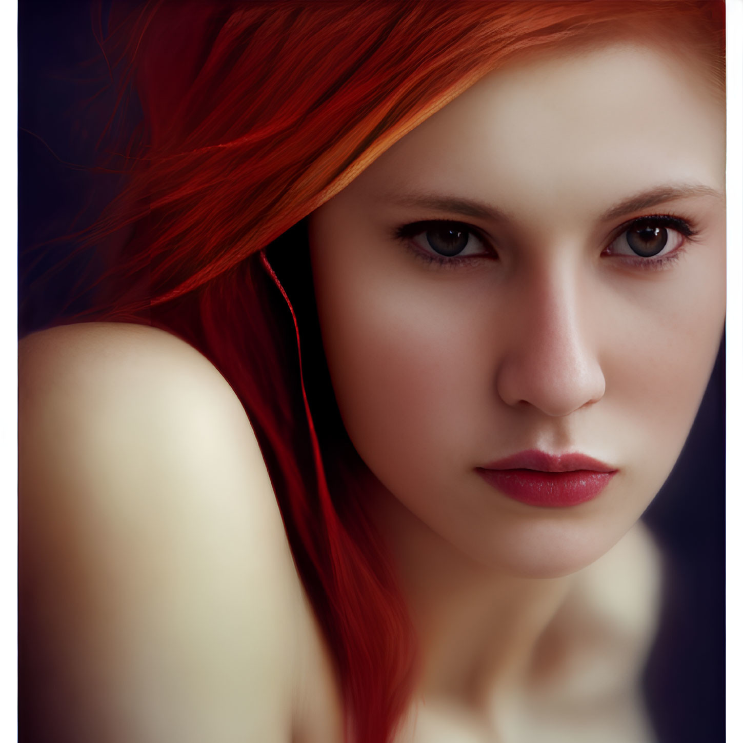 Close-up Portrait of Woman with Vibrant Red Hair and Piercing Gaze