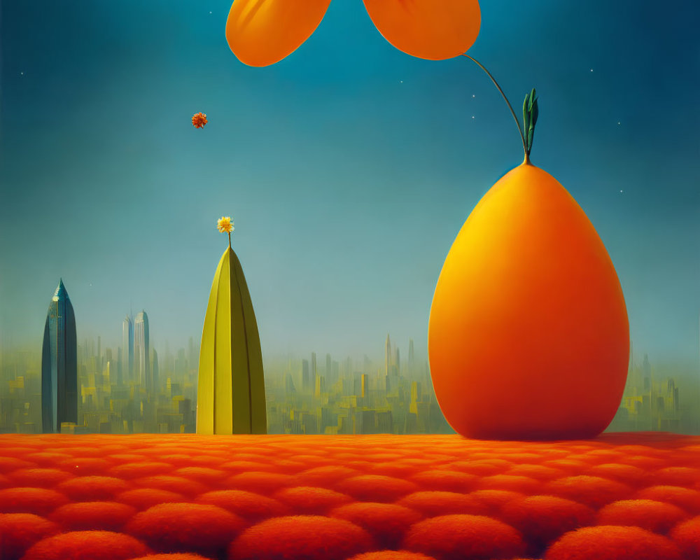 Surreal landscape with giant orange pear, small buildings, fluffy red spheres, and floating orange petals
