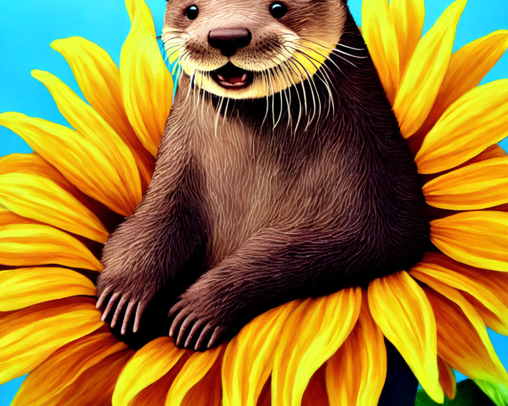 Cheerful otter on sunflower against blue background