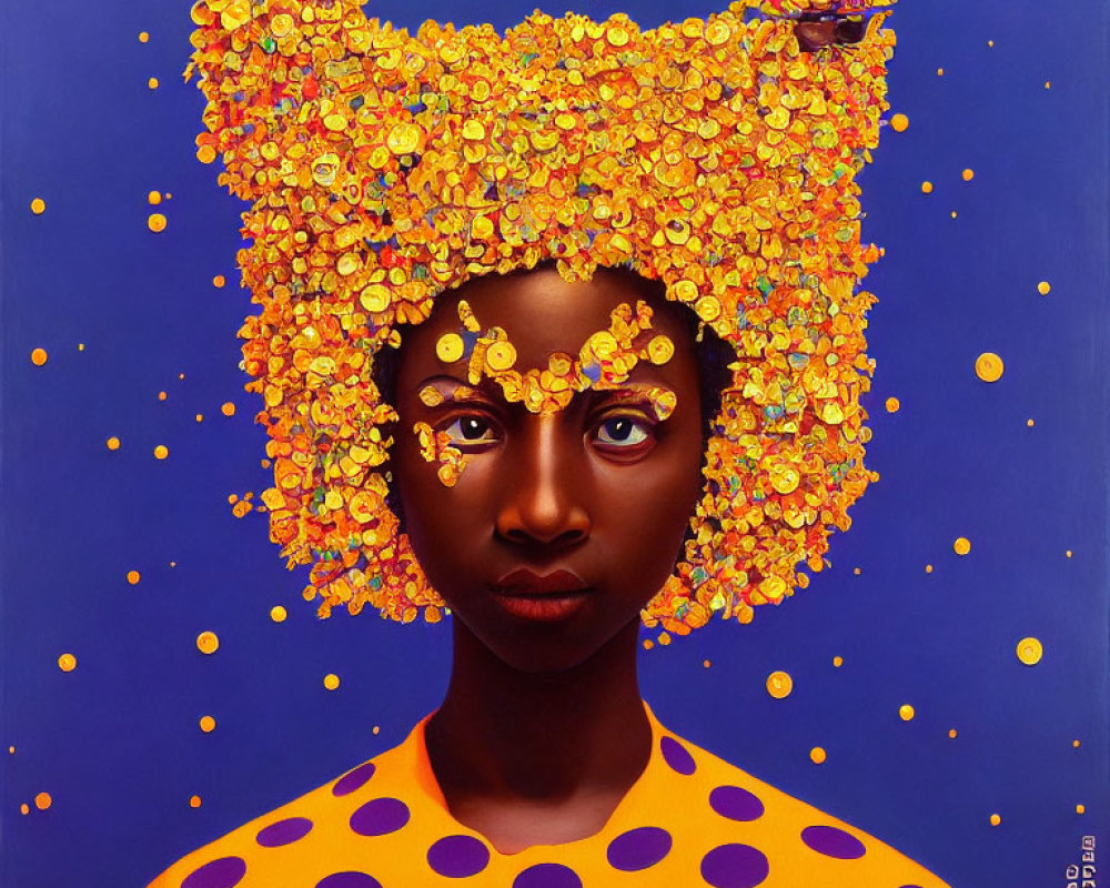 Portrait of person with golden flower hair against blue background and polka dot shirt