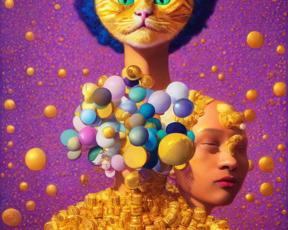 Surreal artwork: human body in coin dress, cat head, bubble ornaments