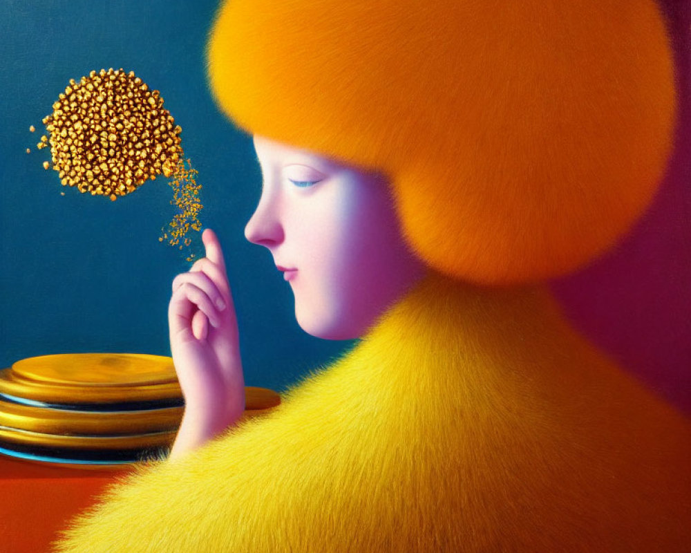 Surreal portrait of person in oversized yellow hat and coat with particles from fingertip