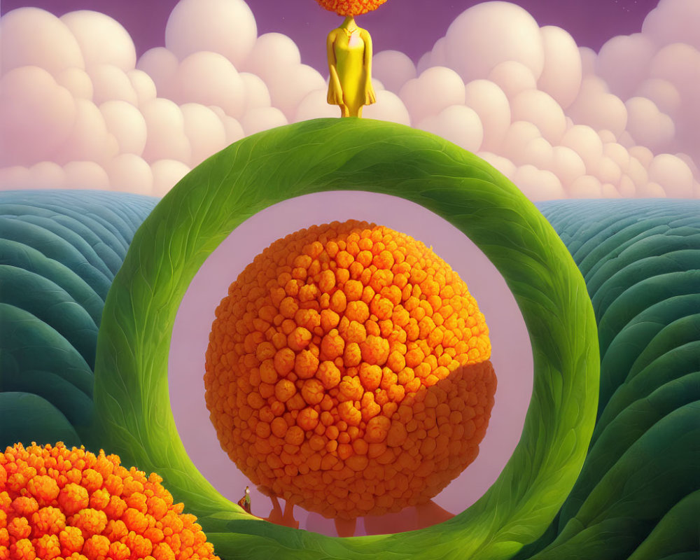 Person on Green Arch Overlooking Sphere Trees in Surreal Landscape