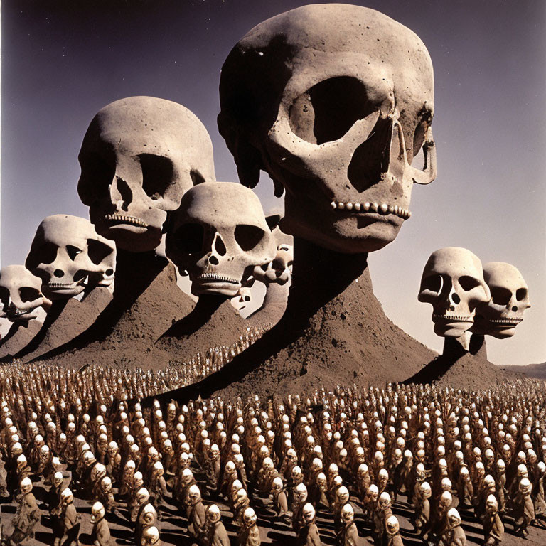 Surreal landscape with floating human skulls above skull-headed figures