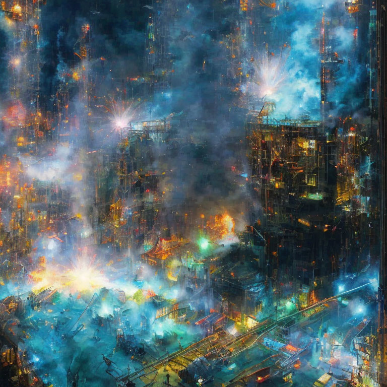 Futuristic cityscape at night with cyberpunk aesthetic