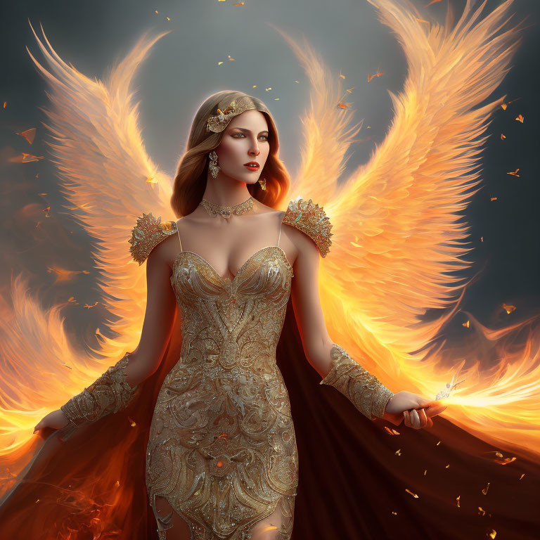Elaborate golden dress woman with fiery wings in phoenix-like pose.