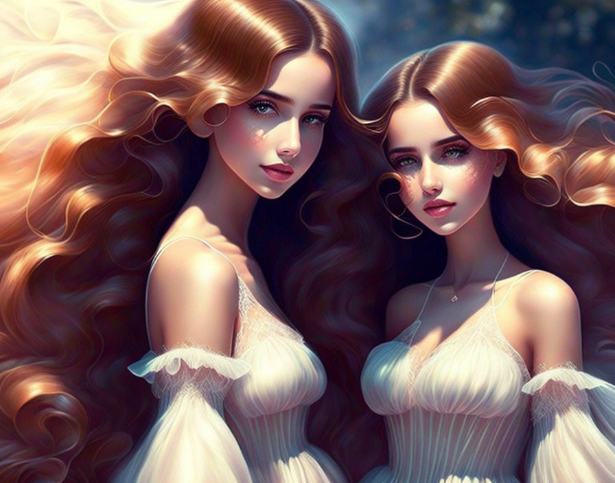 Illustrated women with curly hair in white dresses against natural backdrop