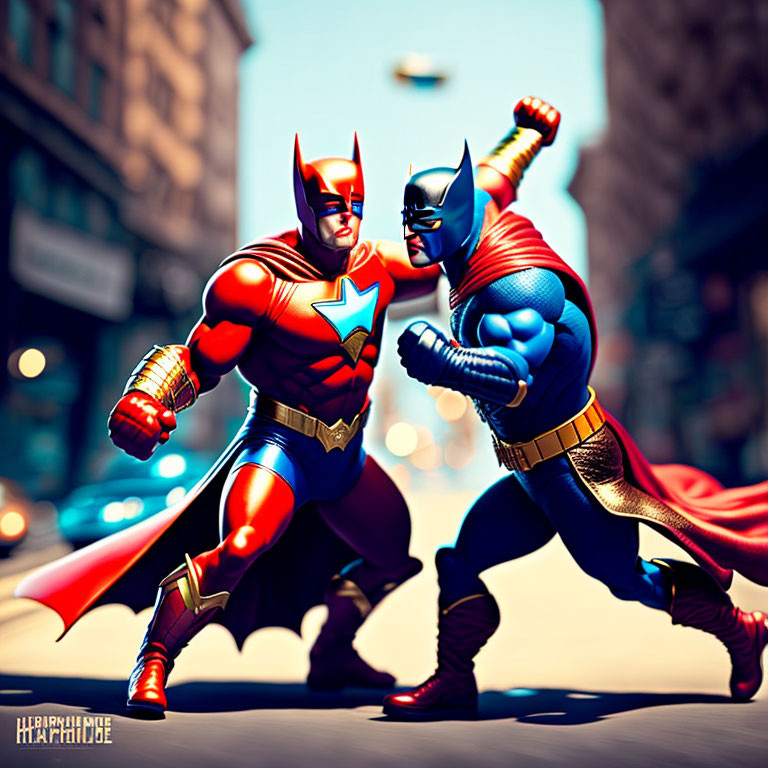 Vibrant superhero action figures in mock battle on city street backdrop