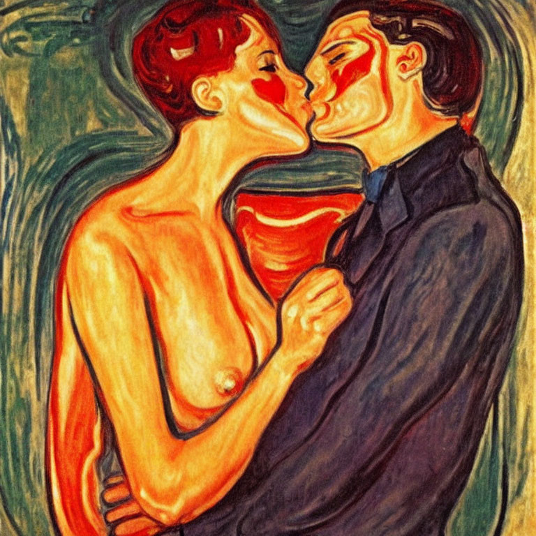 Colorful painting of passionate kiss between red-haired woman and dark-haired man against swirl-patterned background