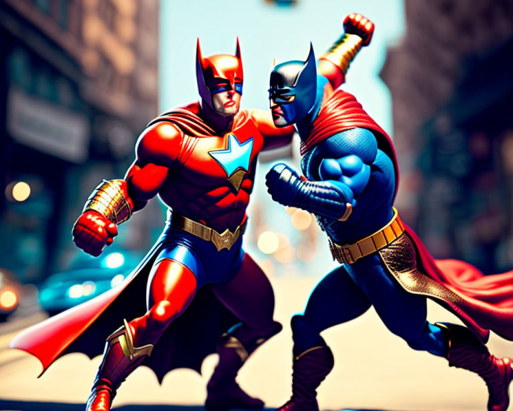 Vibrant superhero action figures in mock battle on city street backdrop