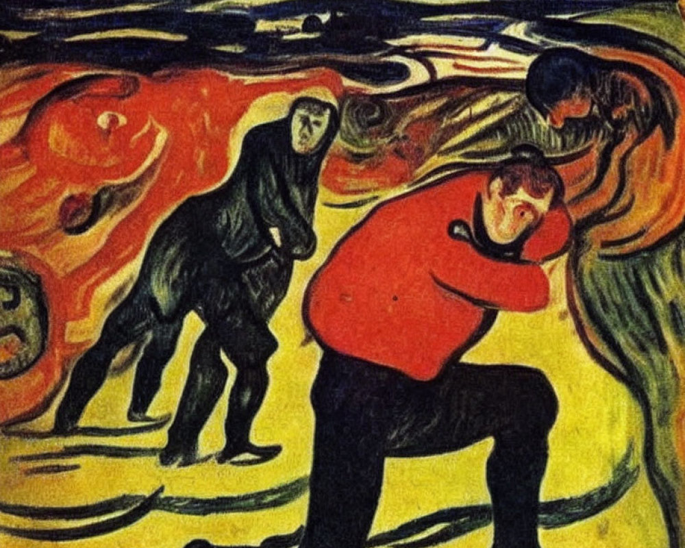 Expressionist painting of person in red shirt, hands on cheeks, amidst vibrant backdrop