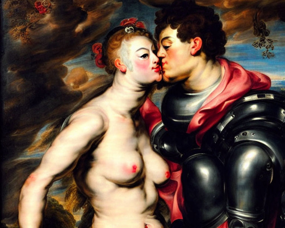 Painting of armored man kissing woman on cheek in floral setting