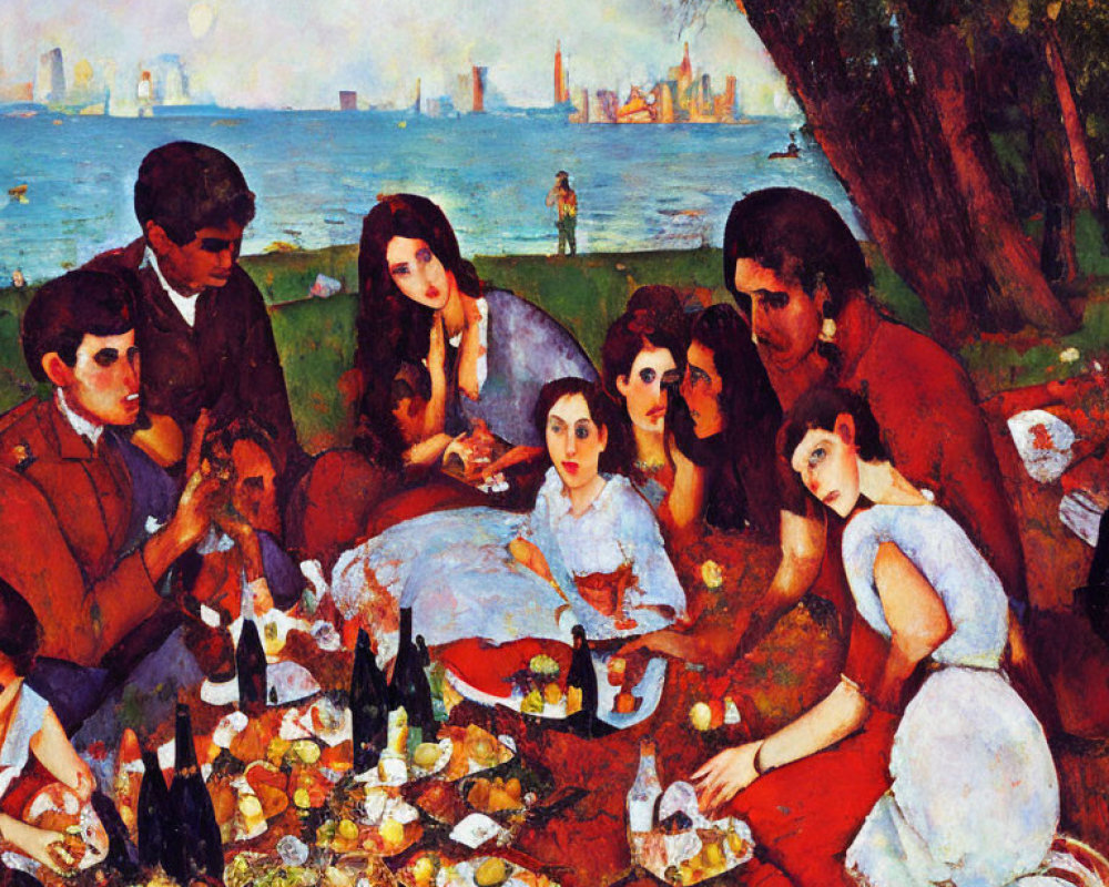 Colorful painting of people picnicking by water with city skyline