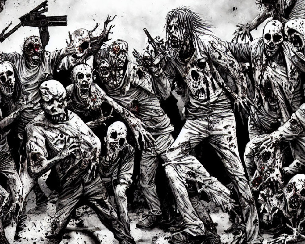 Horde of Aggressive Zombies with Decaying Features and Weapons in Ominous Setting