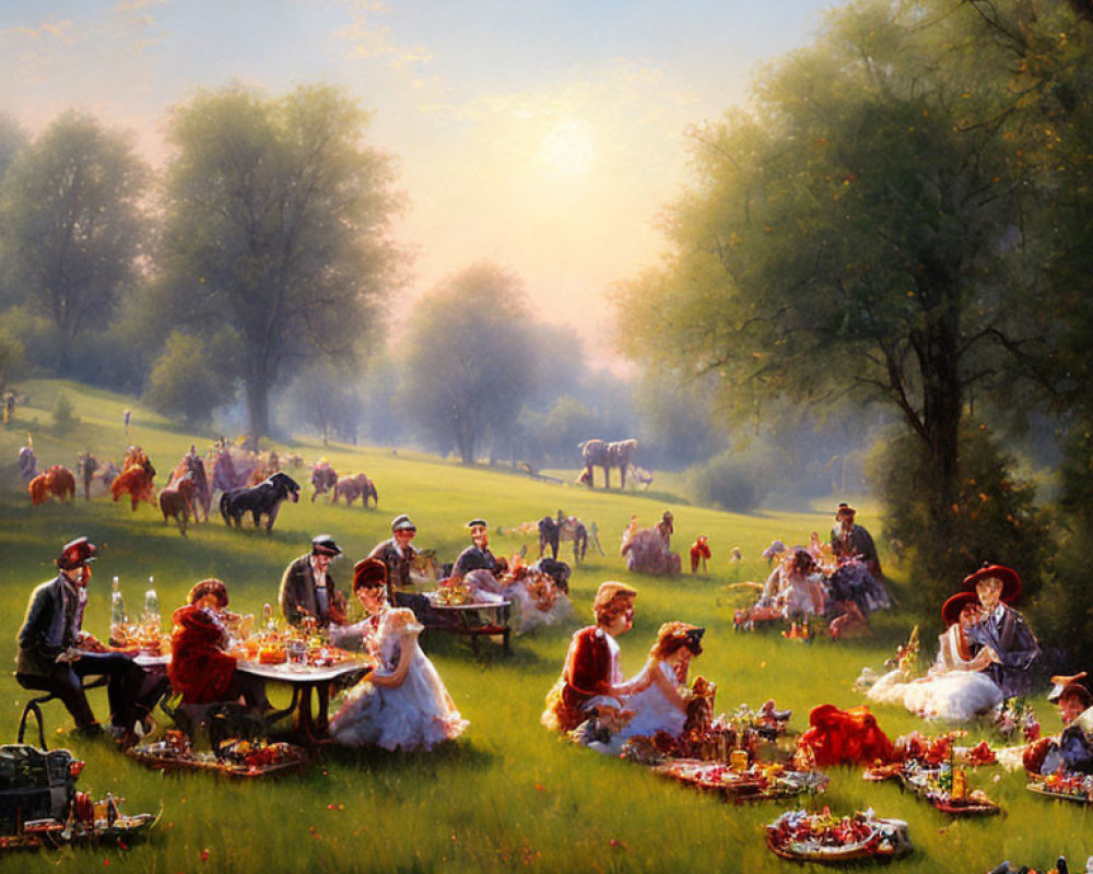 Victorian-style picnic scene with elegantly dressed people and horses in sunlit meadow