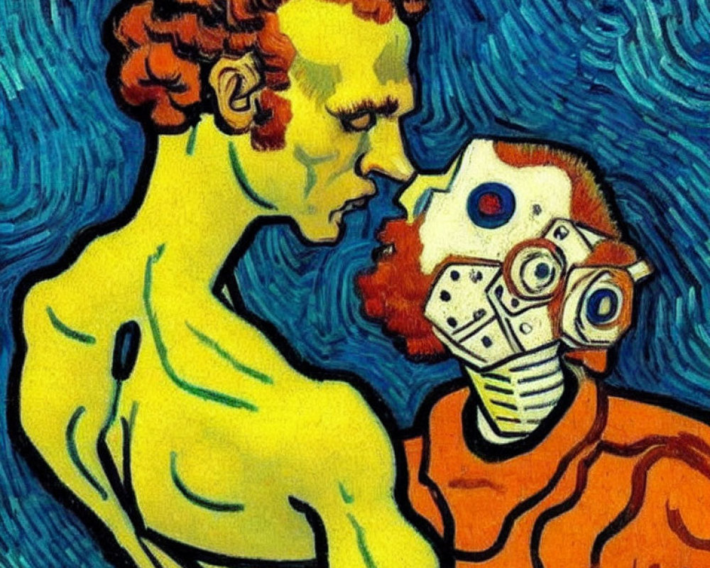 Stylized painting of person with red hair facing robot in Van Gogh style