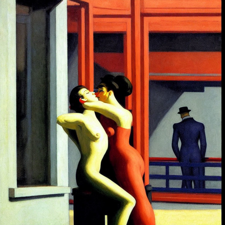 Vivid painting of couple embracing by window with man in hat on balcony
