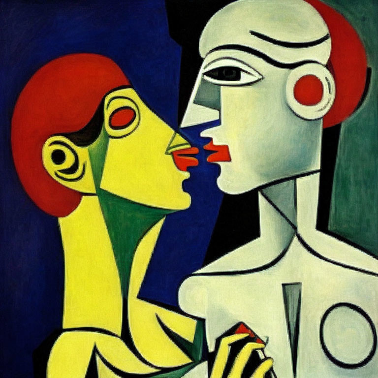 Abstract painting: Two faces in profile with bold colors & exaggerated features