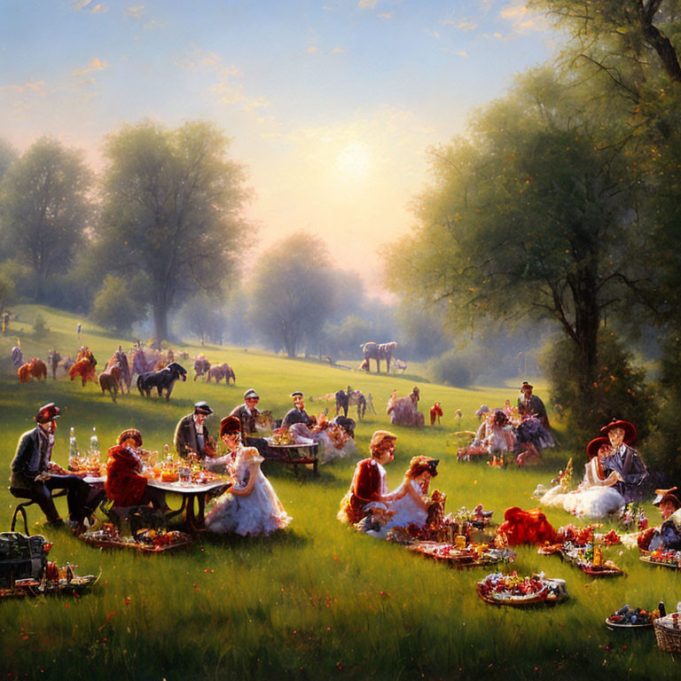Victorian-style picnic scene with elegantly dressed people and horses in sunlit meadow