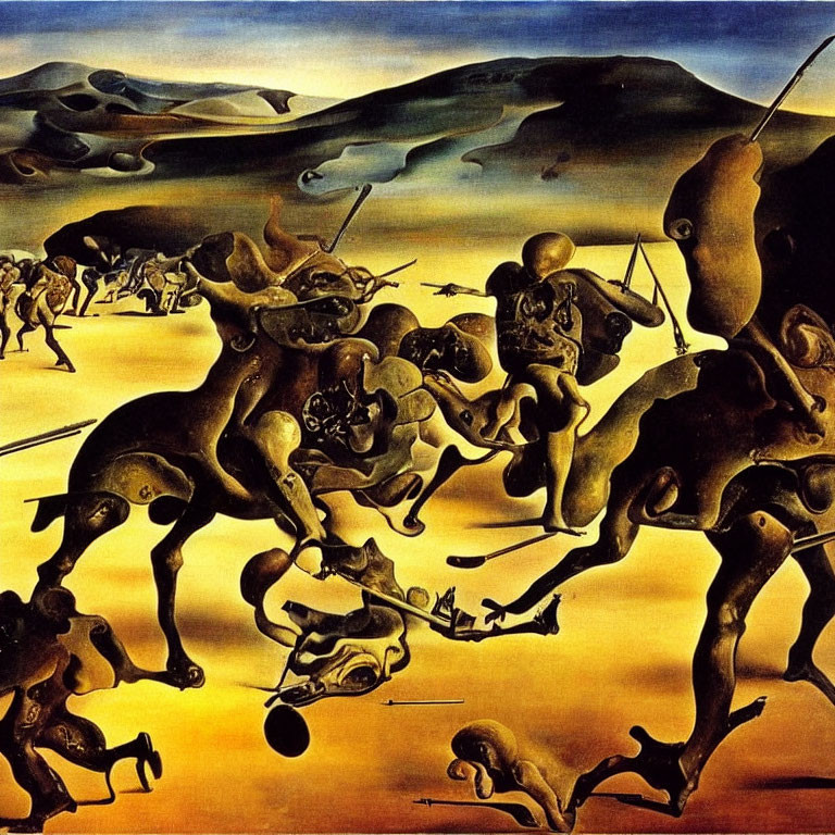 Abstract surrealistic painting of humanoid figures in chaotic battle
